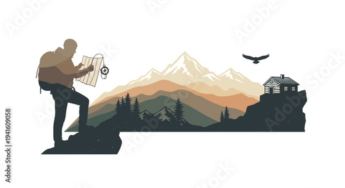 Hiker exploring landscape with map near mountains and a cabin illustration