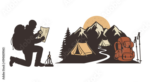 Hiker exploring map near camping tents in mountainous landscape