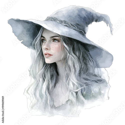 Beautiful Witch with Long Silver Hair and a Wizard Hat in Watercolor Style
