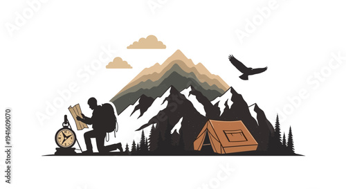 Hiker exploring map near mountains and tent illustration outdoors adventure