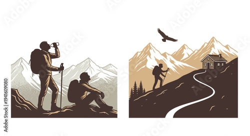 Hiker in mountainous landscape drinking and hiking with eagle in flight