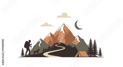 Hiker exploring mountain landscape illustration adventure travel nature