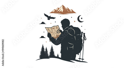 Hiker exploring map with mountain peak and landscape illustration on white backdrop