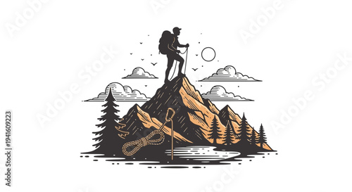 Hiker reaching mountain peak vector illustration for adventure and outdoors