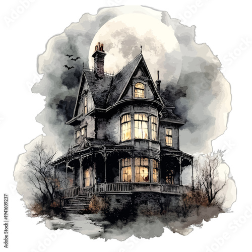Watercolor spooky haunted Victorian mansion with glowing windows and full moon