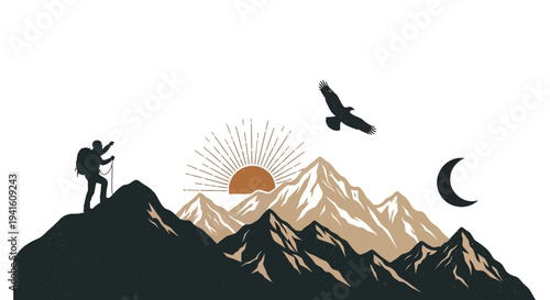 Hiker reaching mountain peak with rising sun eagle and crescent moon illustration