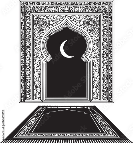 A black and white image of a prayer mat and an islamic archway