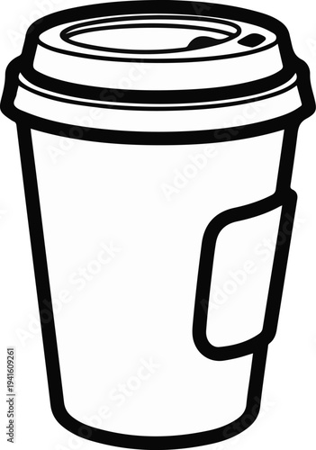 A black and white line drawing of a disposable coffee cup with lid