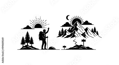 Hiker reaching mountain peak with sunset and night scene illustrations