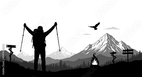 Hiker reaching summit silhouetted against mountain landscape