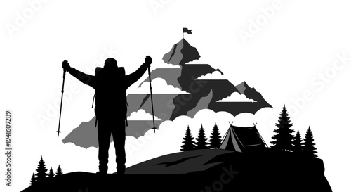 Hiker reaching summit silhouetted against mountain landscape