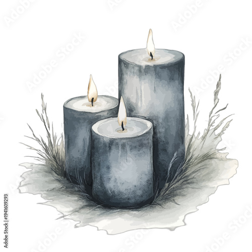 Watercolor set of three grey lit candles with dried grass and soft glow