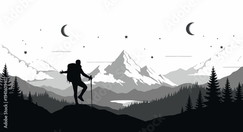 Hiker silhouette enjoying mountain landscape at night under starry sky