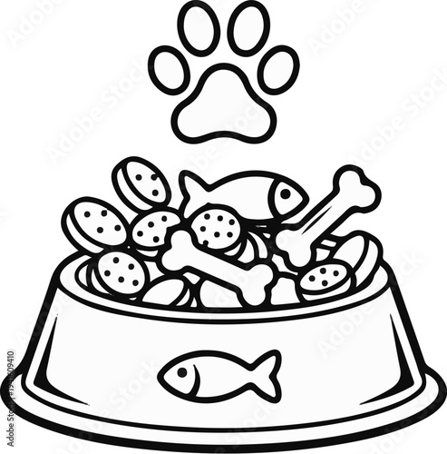 A black and white line drawing of a dog food bowl filled with kibble and bones