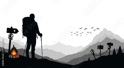 Hiker silhouette enjoying mountain view at sunset with campfire and direction signs