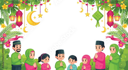 Happy muslim family frame for eid celebration with ketupat and lanterns.