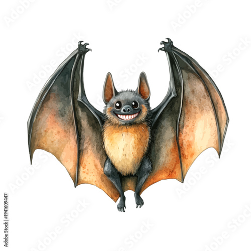 Watercolor cute smiling bat character with spread wings for Halloween