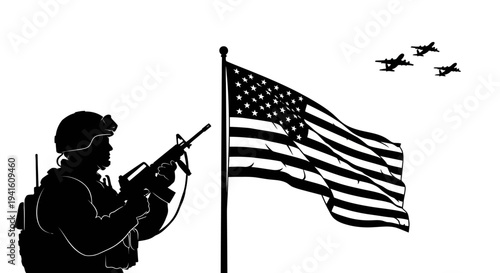 Silhouette Soldier with US Flag and Fighter Jets