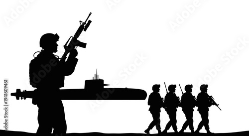 Silhouette Soldiers Marching Past Submarine with Rifleman Guarding