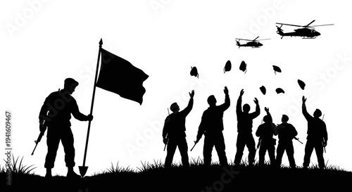 Silhouette Soldiers Celebrate Victory with Helicopters and Flag