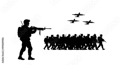 Silhouette Soldiers Marching with Fighter Jets Flying Overhead