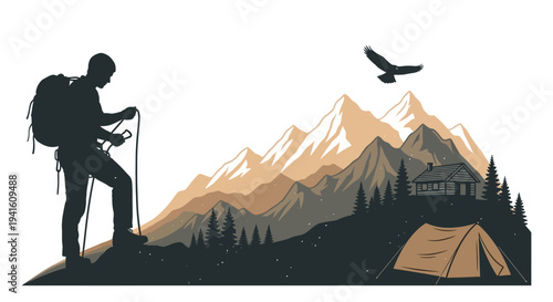 Hiker silhouette on mountain landscape with tent and eagle illustration