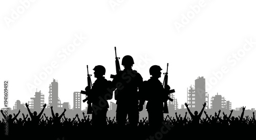 Silhouette Soldiers and Crowd in Destroyed Cityscape - Victory or Revolution Concept