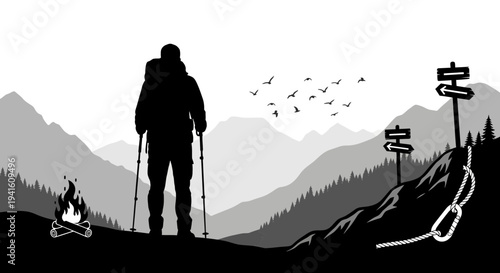 Hiker silhouette on mountain path with signposts and campfire against landscape