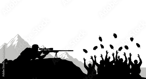 Sniper Aiming at Crowd Throwing Grenades, War Concept, Silhouette