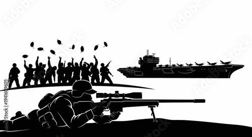 Sniper soldier aiming with aircraft carrier and cheering crowd in background, silhouette