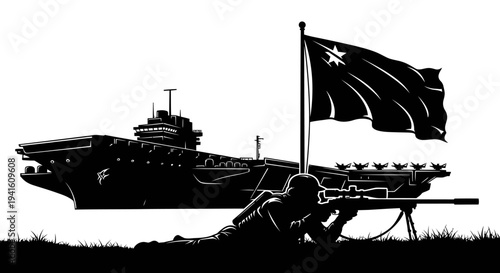 Sniper Aims from Grass with Aircraft Carrier and Flag Silhouette