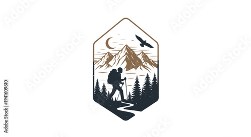 Hiker silhouette trekking across mountain landscape with river and forest