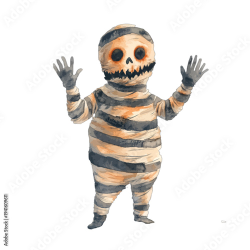 Watercolor cute baby mummy character in orange and black bandages