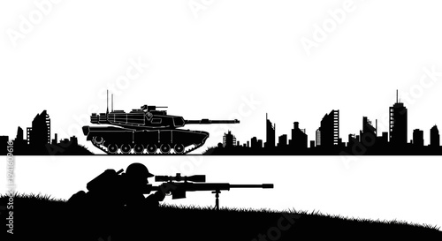Sniper soldier aiming with rifle, tank, and destroyed city skyline silhouette