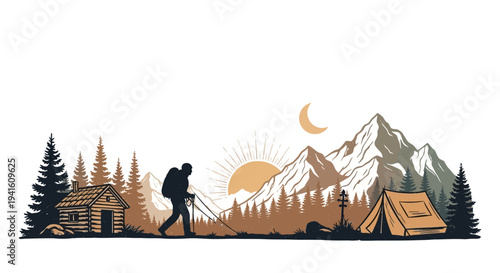 Hiker silhouette walking toward mountains and campsite graphic illustration