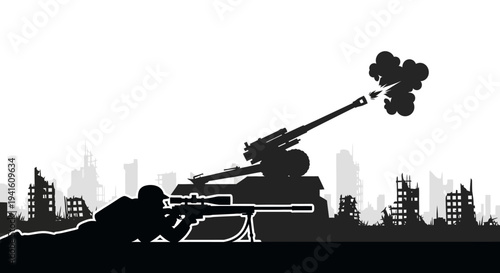 Sniper Soldier and Artillery Gun Silhouette in Ruined Cityscape