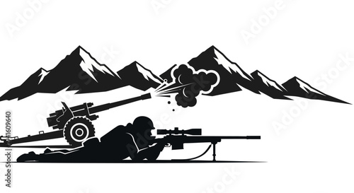 Sniper Soldier Aims Rifle, Artillery Gun Fires in Mountainous Combat Zone