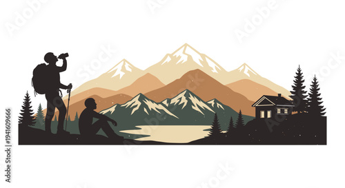 Hiker silhouettes enjoying scenic mountain landscape with lake and house vector