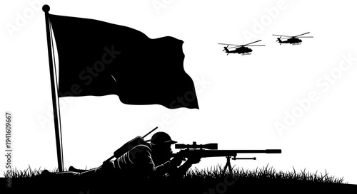 Sniper soldier with rifle aiming under large flag, helicopters flying in sky, military concept