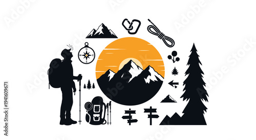 Hiker silhouette with outdoor adventure elements against a sunset background