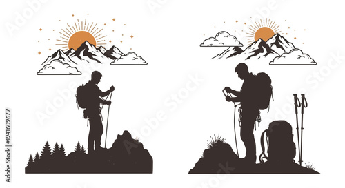 Hiker silhouettes with mountains and sunrise illustrations adventure design elements