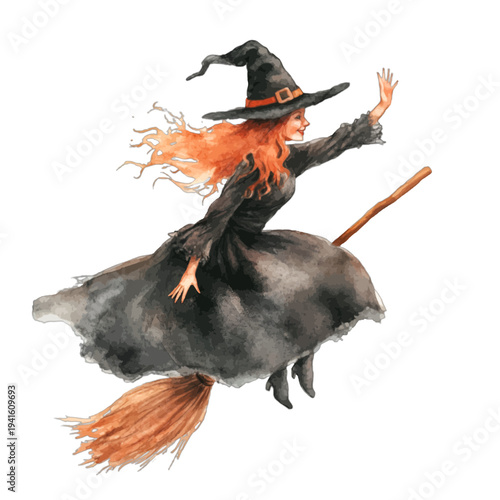 Watercolor young witch with red hair flying on a broomstick in a black dress