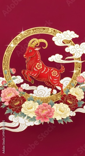 Red chinese goat with golden horns, ornate circular frame. Traditional flowers, clouds enhance elegant chinese goat artwork. Festive chinese goat design for Lunar New Year, cultural event marketing.
