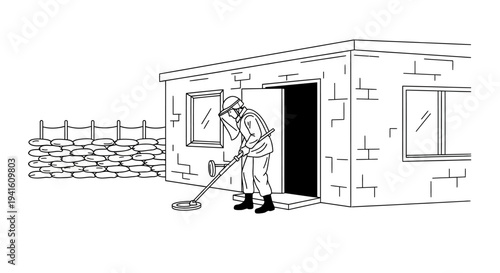 Soldier cleaning military outpost with sandbag wall, military base, army life, arid environment