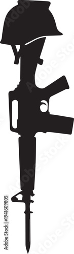 Fallen soldier battle cross military tribute vector silhouette illustration, remembrance line art