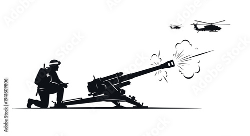 Soldier firing artillery cannon with helicopters flying overhead, military action silhouette