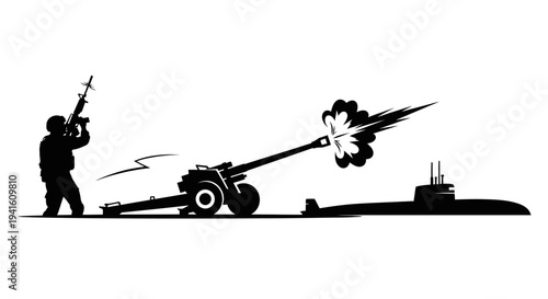 Soldier firing artillery at submarine during naval warfare, military action concept