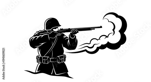 Soldier Firing Shotgun with Smoke and Muzzle Flash - Black and White Illustration