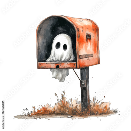 Watercolor spooky ghost in a rustic orange mailbox for Halloween
