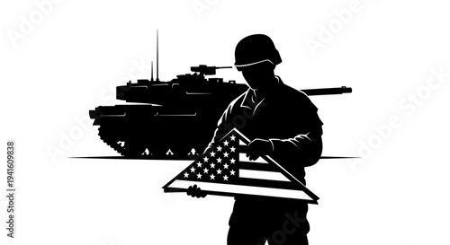 Soldier holding folded American flag with tank silhouette, symbolizing remembrance, sacrifice, and patriotism
